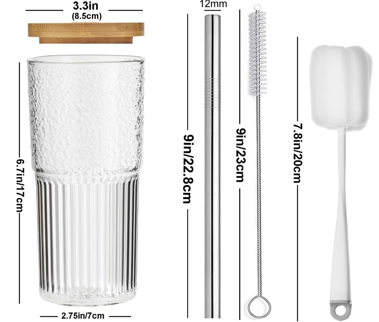 2 stk. 600 ml transparente stribede glasvandbeholdere med låg