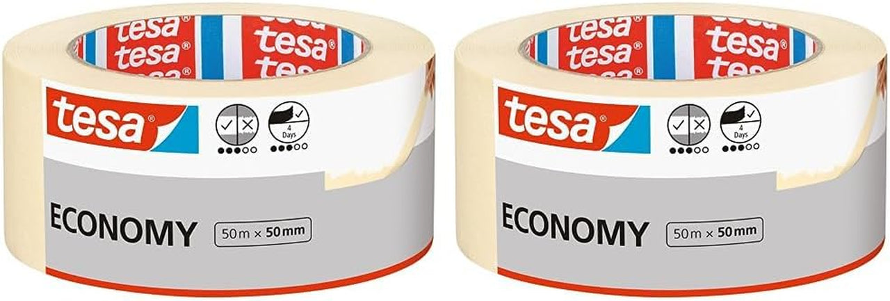 Tesa Malerband ECONOMY - Vielseitiges Klebeband Für Malerarbeiten Ohne Lösungsmittel - Bis Zu 4 Tage Nach Gebrauch Rückstandslos Entfernbar, 50 M X 50 Mm (Packung Mit 2)