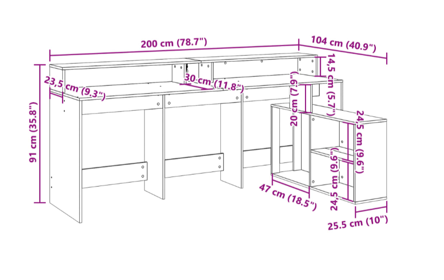 skrivebord m. LED-lys 200x104x91 cm konstrueret træ