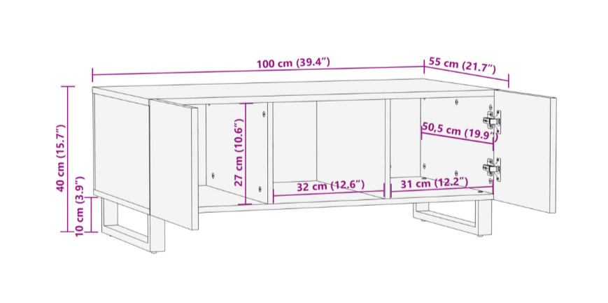 Sofabord 100x55x40 cm massivt ru mangotræ