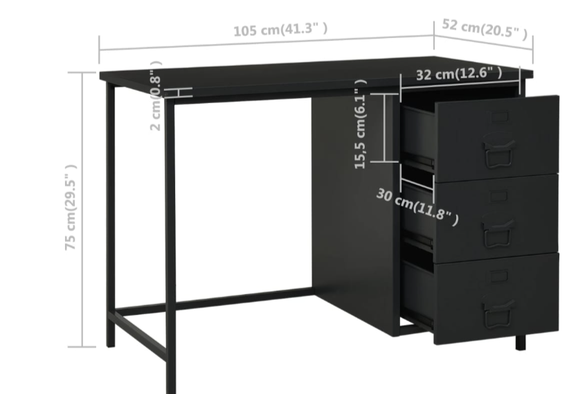 industrielt skrivebord med skuffer 105x52x75 cm stål sort