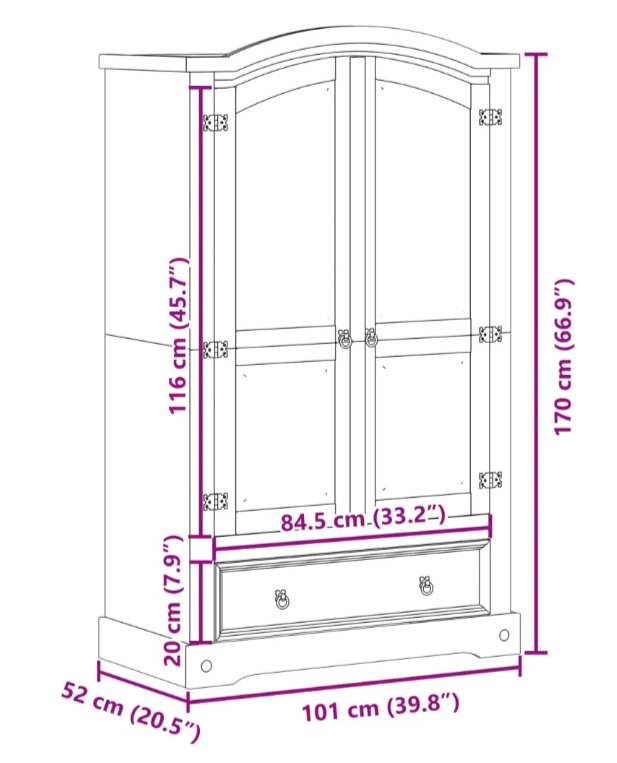 Klædeskab Corona 101x52x170 cm massivt fyrretræ