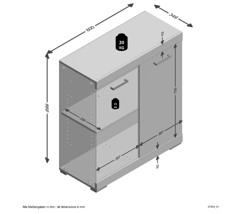 Kommode med 2 låger 80 x 34,9 x 89,9 cm hvid og betongrå