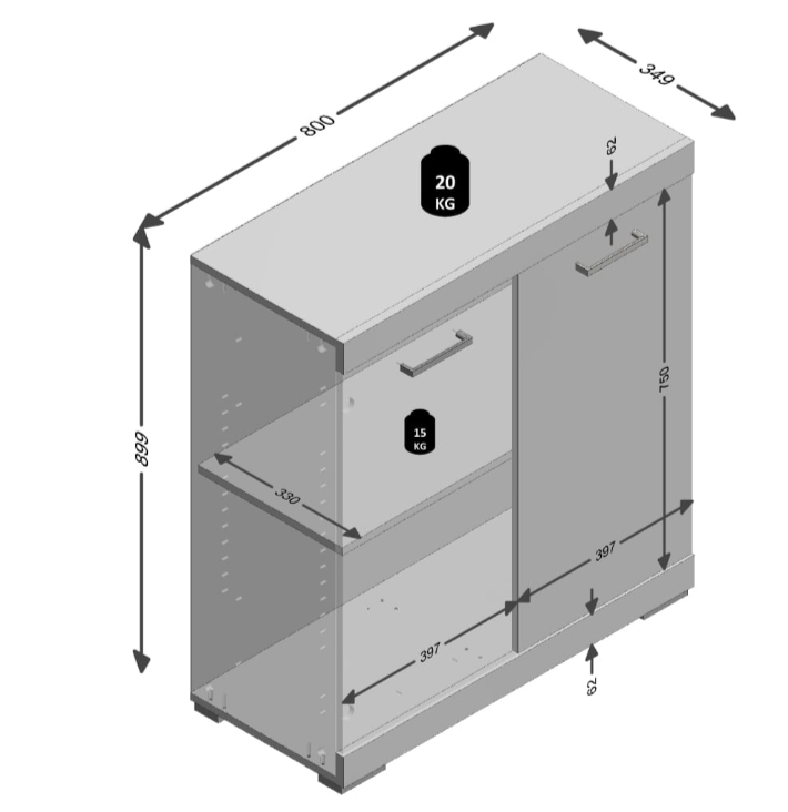 Kommode med 2 låger 80 x 34,9 x 89,9 cm hvid og betongrå